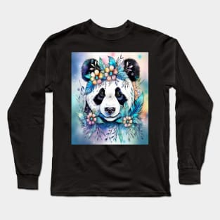 Fantasy, Watercolor, Panda Bear With Flowers and Butterflies Long Sleeve T-Shirt